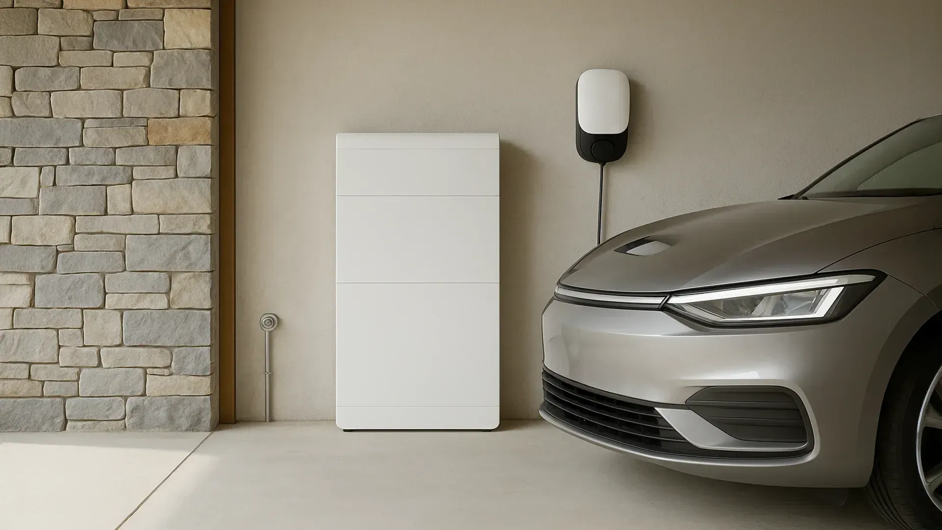 Thuisbatterij geïnstalleerd in een garage, naast een elektrische auto die wordt opgeladen