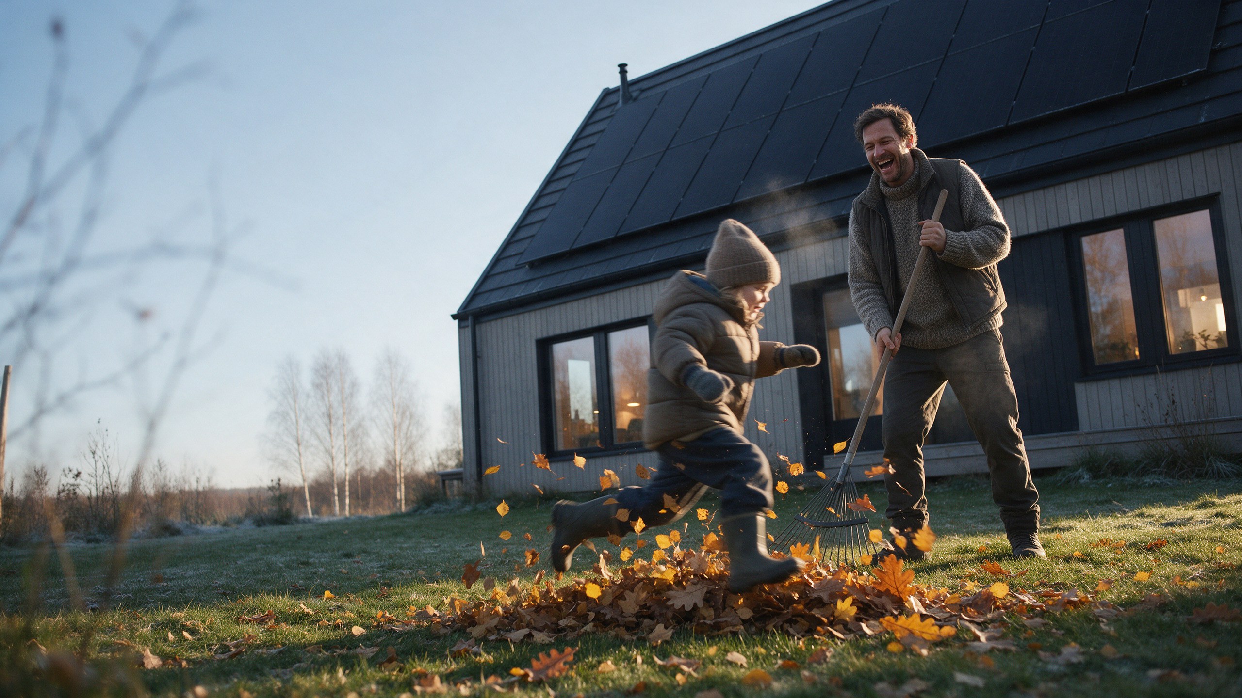 Vader en kind spelen in de herfstbladeren voor hun huis met zonnepanelen op het dak