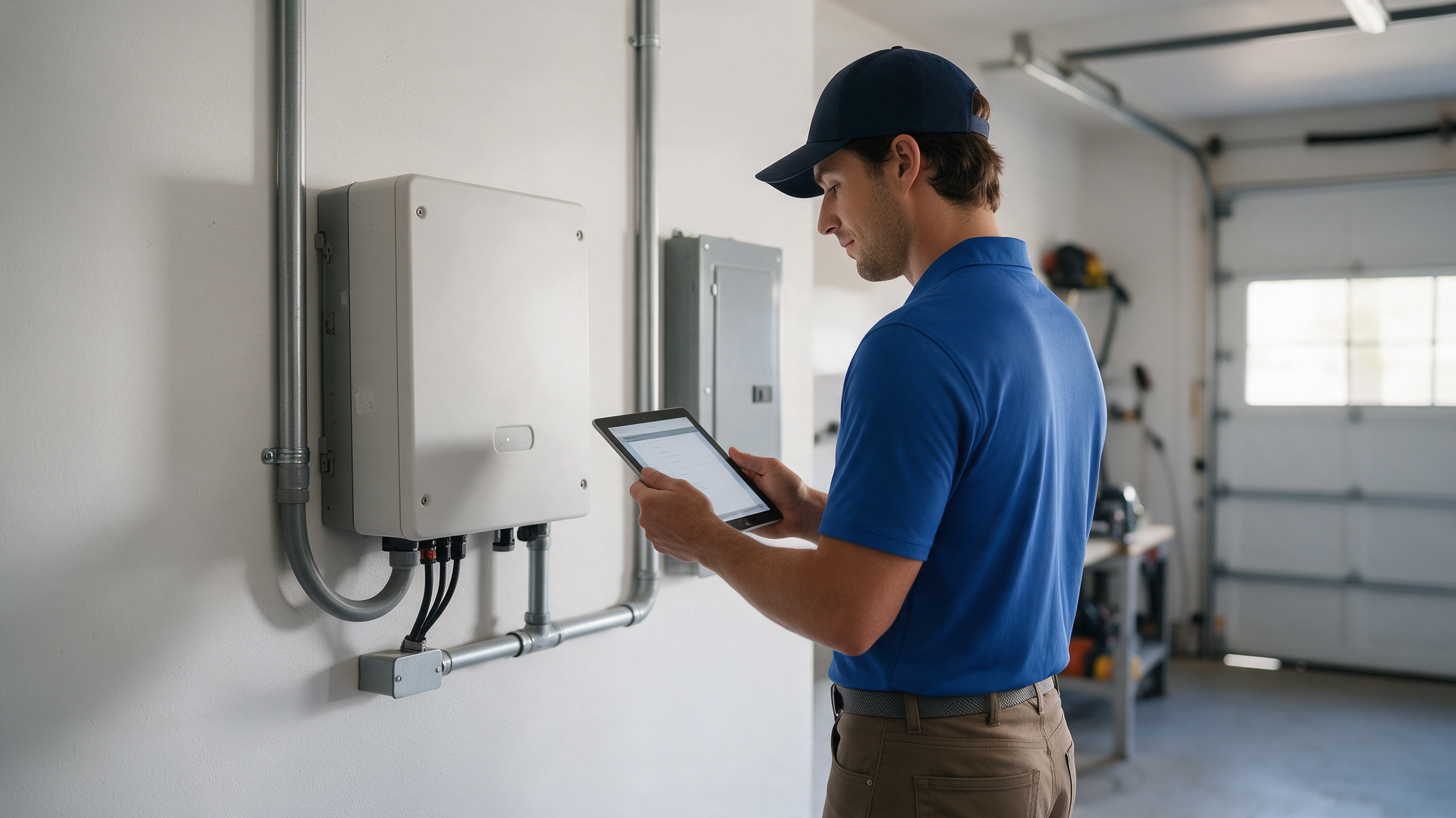 Otovo-monteur controleert een omvormer met een tablet