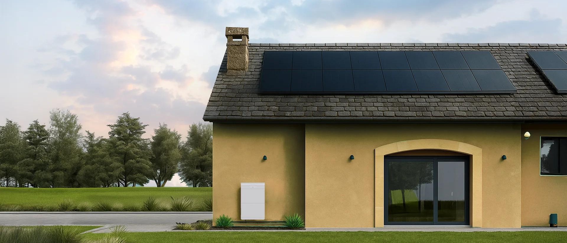 Huis met zonnepanelen en thuisbatterij geïnstalleerd tijdens de schemering